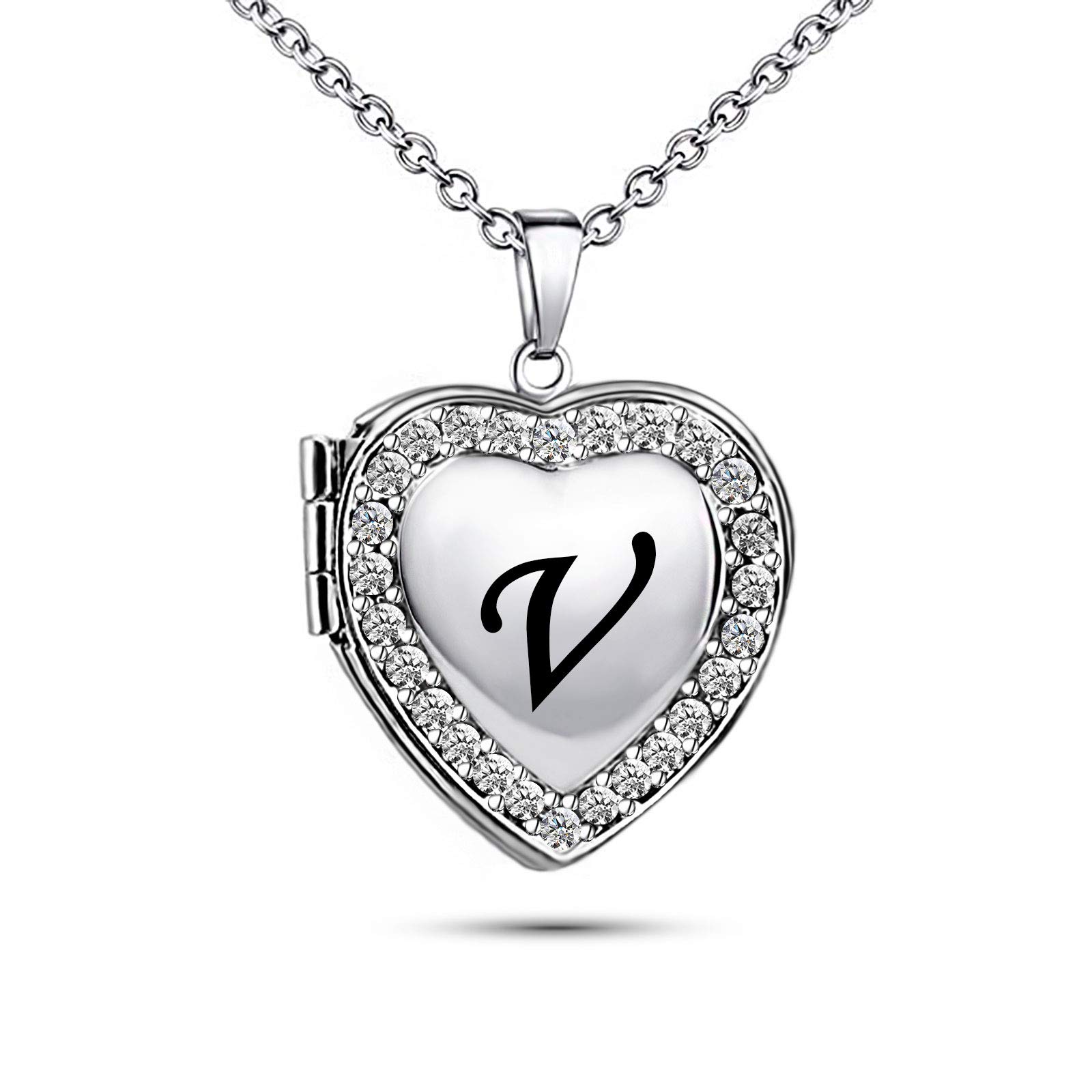 KunBead Jewelry Nice Birthday Crystal Mum Daughter Photo Locket Initial Letter V Pendant Necklace Silver for Pictures