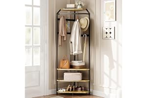 Vintage Corner Hall Tree Coat Rack with Shoe Bench – 3-Tier Shelves, Multiple Hooks, Freestanding Wooden Entryway Organizer f