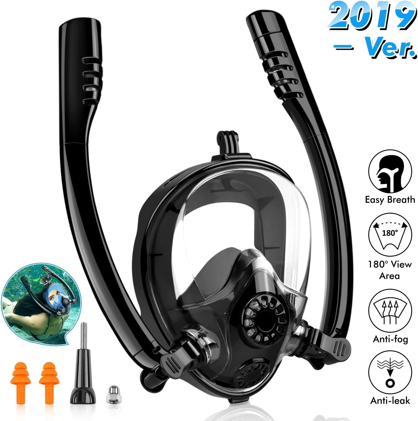 HJKB [Newest Version Full Face Snorkel Mask with Dual Free Breathing System- 180 Degrees Panoramic View - Detachable GoPro Mount - Anti-Fog Anti-Leak for Adults & Kids