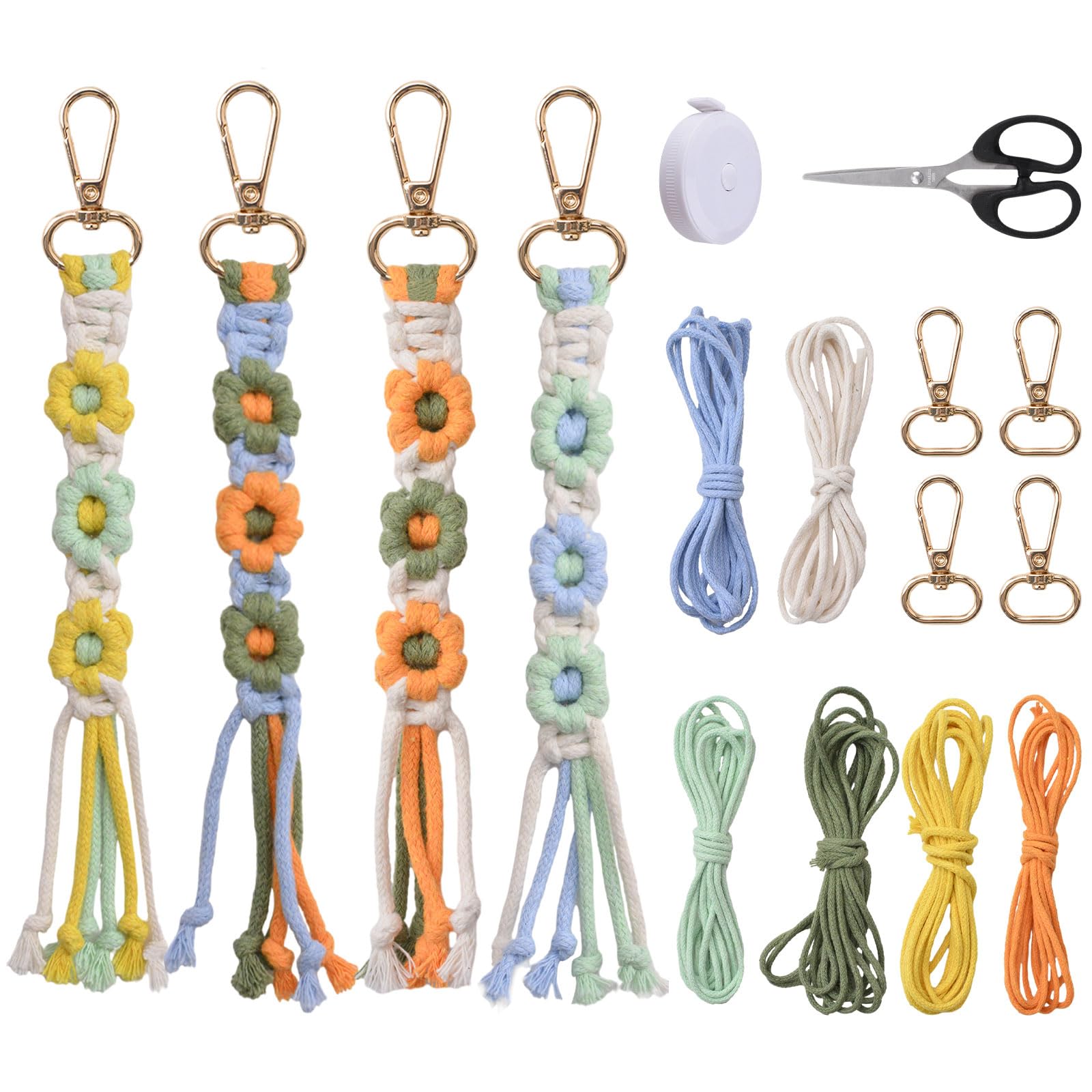 WANDIC DIY Macrame Keychains Kit, 4 Colors Boho Weaving Flower Keychains Bag Charms Knitting Kit for Car Key Purse Phone Wallet