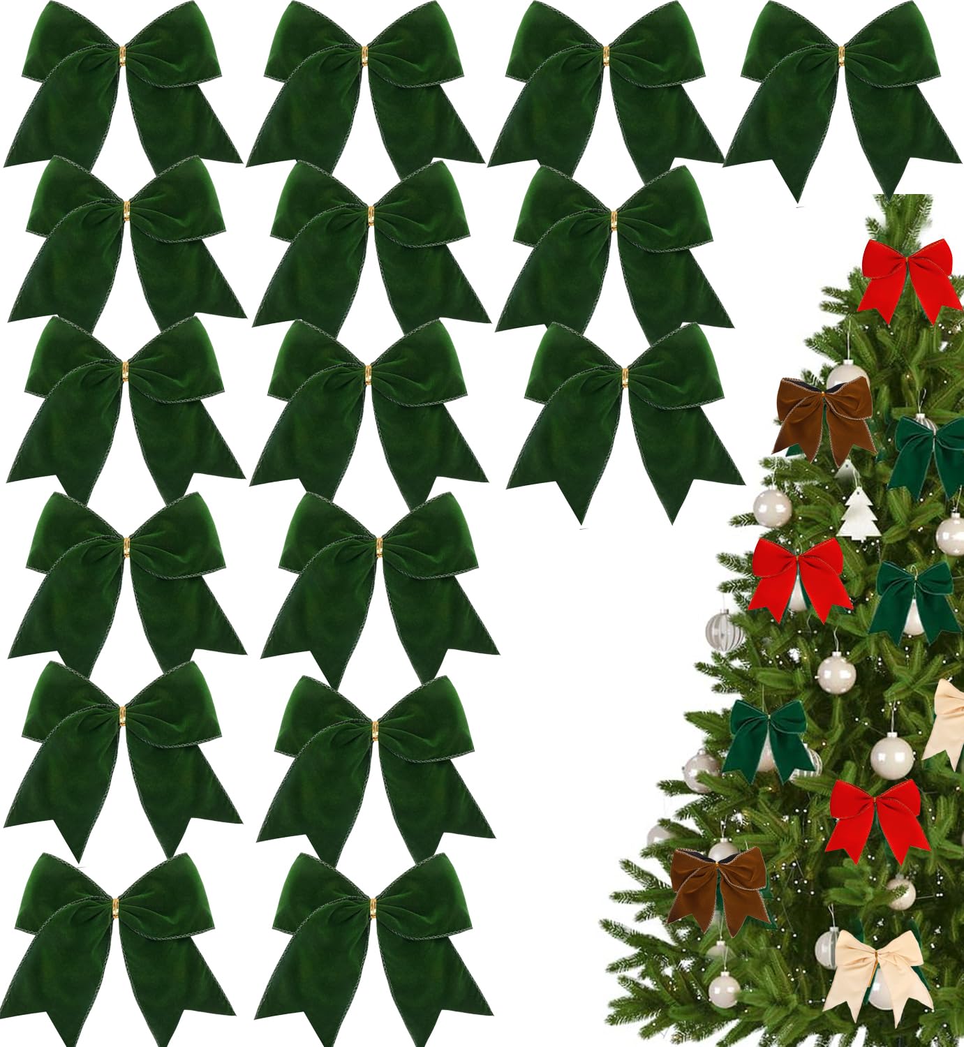 Photo 1 of 16 Pcs 6Inch Large Christmas Velvet Bows Rustic Wreath Gift Bows Vintage Xmas Velvet Ribbon Bow Holiday Ornaments for Christmas Tree Garland DIY Craft Wrapping Decor (Green)