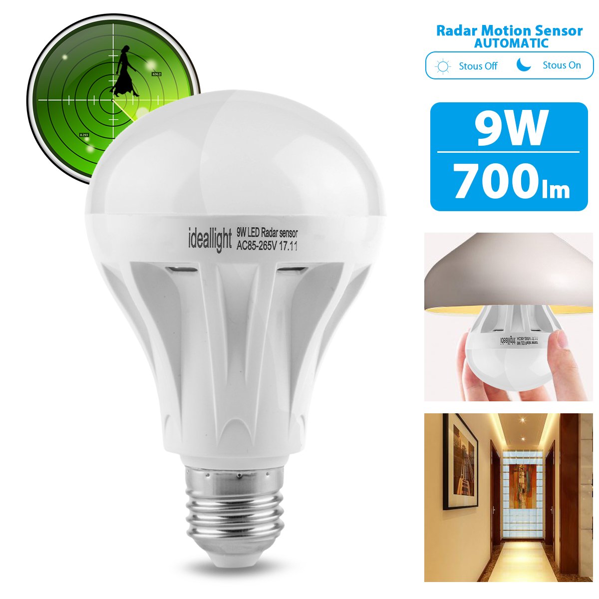 Motion Sensor Light Bulb 9W Radar Motion Activated LED Bulb Dusk to