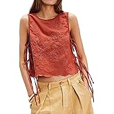 Womens Lace Ruffle Hem Side Tie Tank Tops Y2k Going Out Sleeveless Embroidery Camisole Slim Fit Shirts Crop Top
