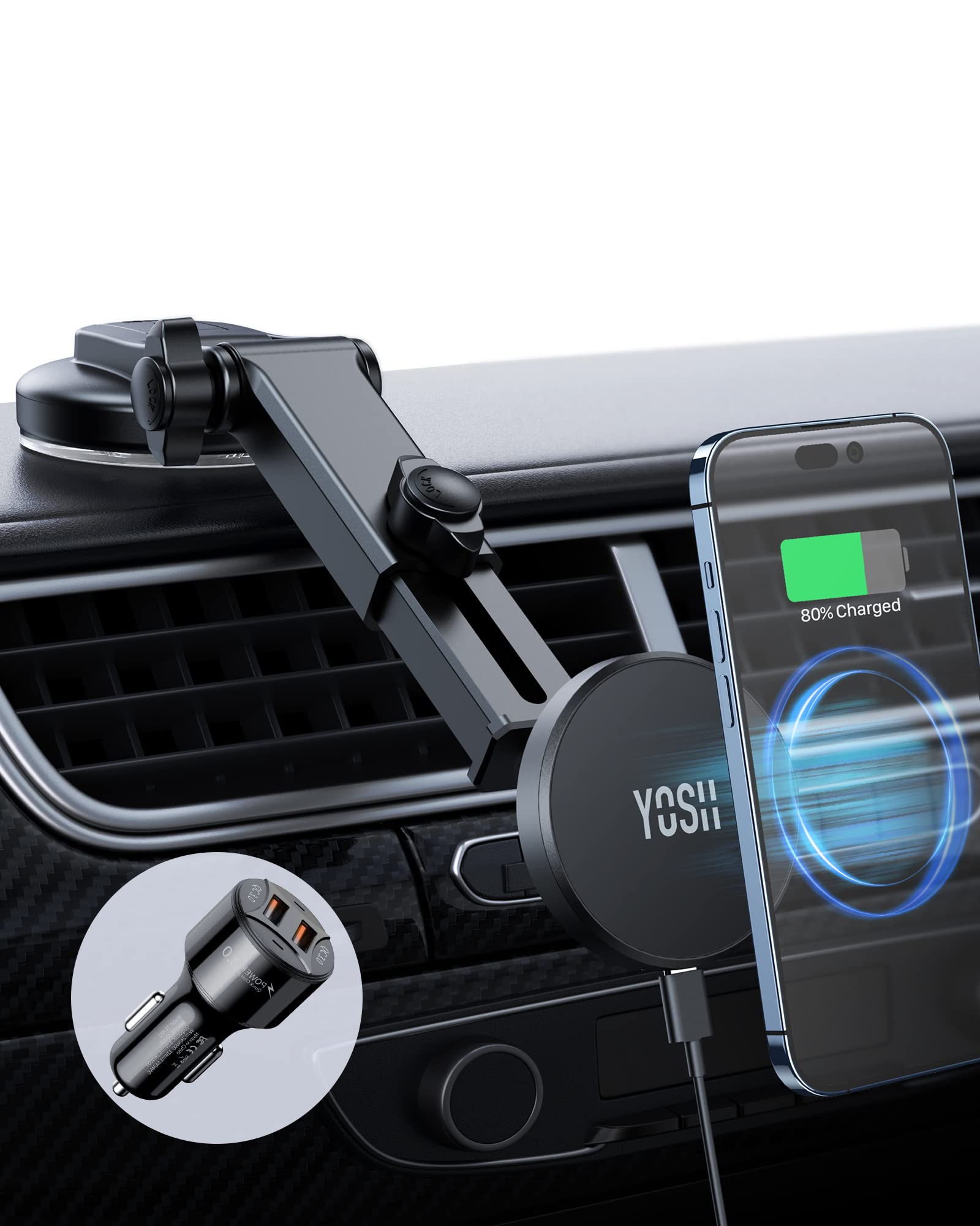 YOSH for MagSafe Car Charger Mount Dashboard, Magnetic Fast Charging iPhone Wireless Charger Mount, Magnet Phone Holder with 36W Car Adapter for iPhone 17/16/15/14/13/12 Series & MagSafe Case