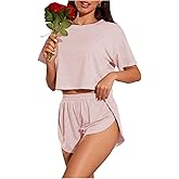OYOANGLE Women's Two Piece Pajama Set Striped Print Crew Neck Short Sleeve Tee and Side Split Shorts Set Cute Pj Sets