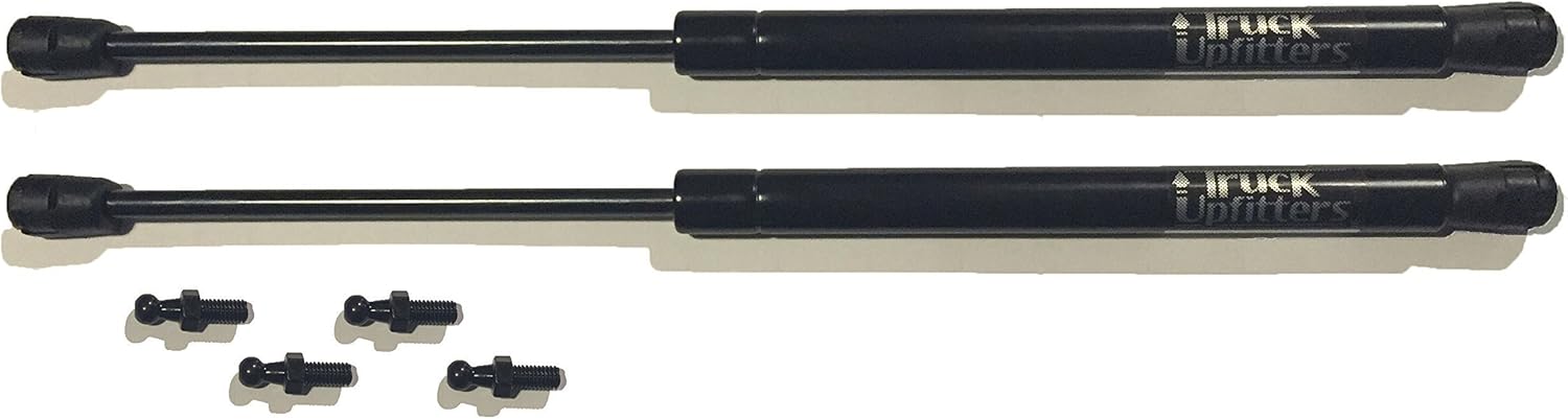 2 Truck Upfitters 17" Gas Props (17.1" extended, 9.9" compressed, 45 pounds of pressure ea) for ARE, ATC, Snugtop, Leer Camper Shell/Truck Cap Rear Door. MEASUREMENT REQUIRED! Incl 4 ball mounts!