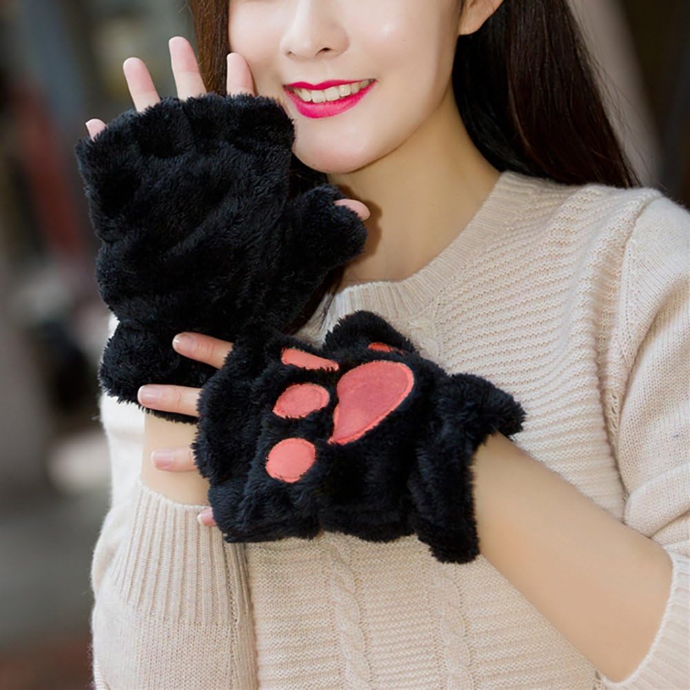 Loritta 2 Pairs Womens Cat Paw Gloves Winter Plush Faux Fur Cute Kitten Fingerless Mittens, Black + Gray(2 Pairs) at  Women’s Clothing store