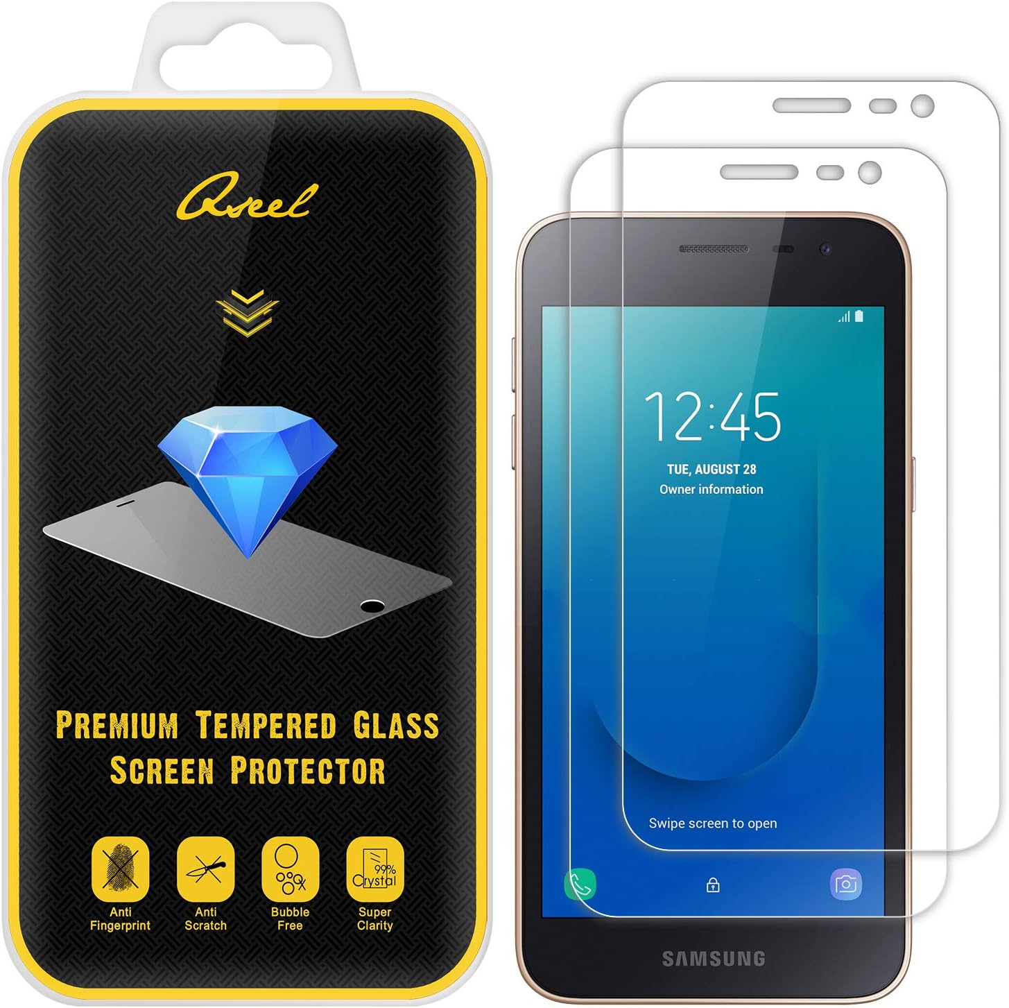 [2-Pack] QSEEL for Samsung (Galaxy J2 Core) Tempered Glass Screen Protector, 9H Anti-Scratch Screen Guard Film with Arc Edge & Oleophobic Coating, 3D Touch Compatible (Galaxy J2 Core, Clear)