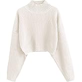 ZAFUL Women's Cropped Turtleneck Sweater Lantern Sleeve Ribbed Knit Pullover Sweater Jumper (0-White, L)