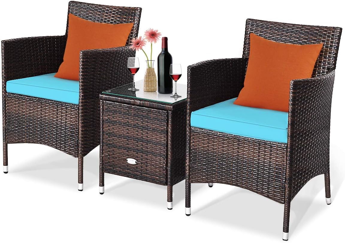 Tangkula Patio Furniture Set 3 Piece, Outdoor Wicker Rattan Conversation Set with Coffee Table, Chairs & Thick Cushions, Suitable for Patio Garden Lawn Backyard Pool: Garden & Outdoor