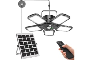 Yomisga Solar Powered Shed Light Outdoor Indoor Solar Pendant Lights with Remote Control, Timer, Adjustable Panels & Motion Sensor, Waterproof for Garage Shop Barn Home House, Daytime Available