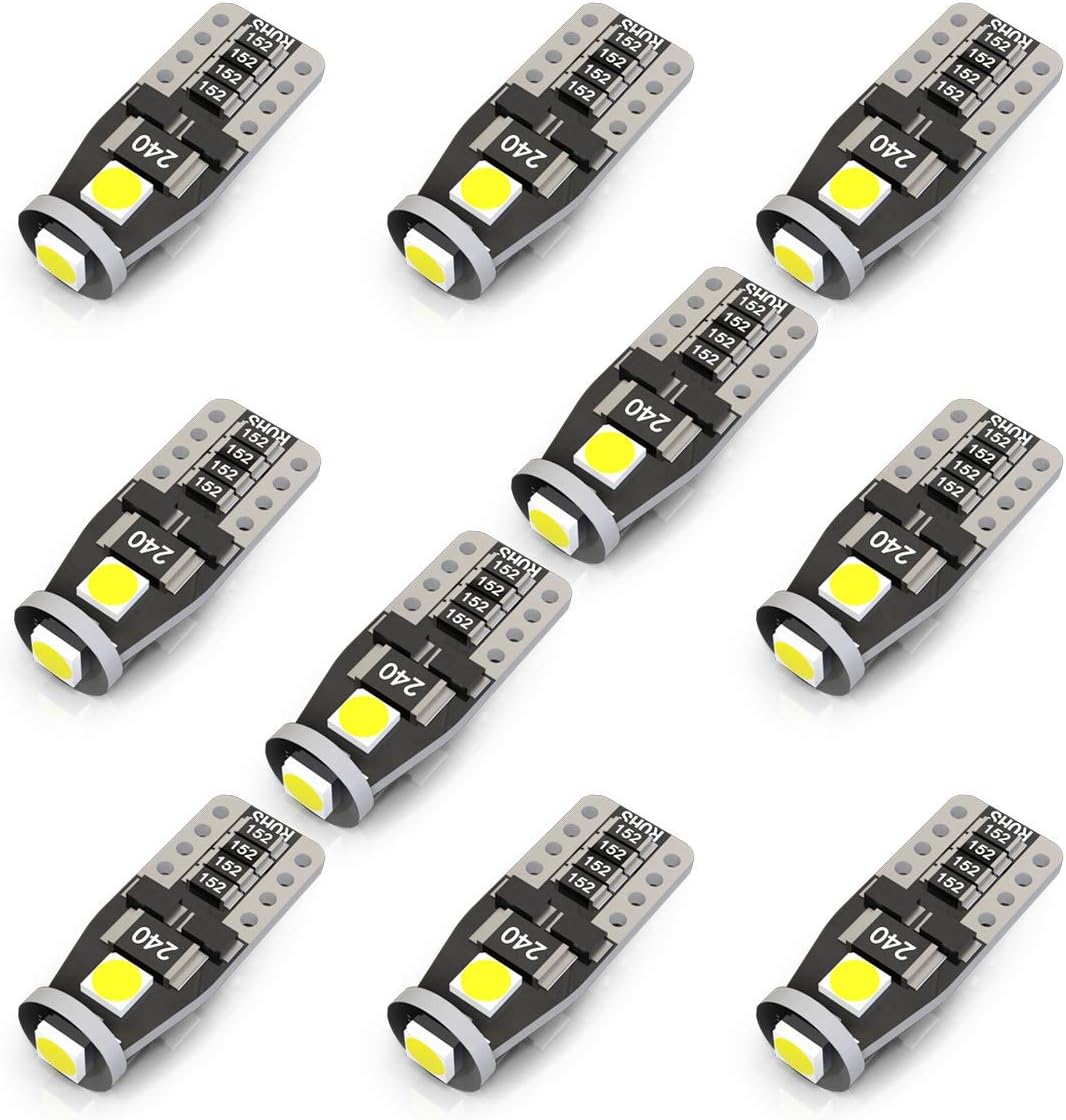 KAFEEK 10x T10 Wedge 194 168 2825 W5W LED Bulbs, Super Bright 3-3030 Chipset,CAN-Bus error free, Non-polarity, Interior Lights, License Plate Dome Map Door Courtesy Park Lights,Xenon Withe