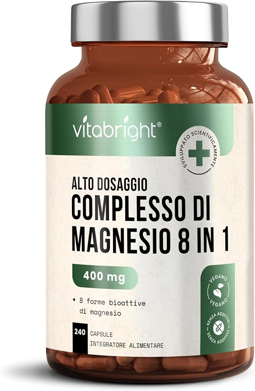 Magnesio Completo 8-in-1 | 400 mg Alta Dose | 240 Capsule Vegane | Magnesio Bisglicinato, Citrato, Malato, Taurato | Integratore per Muscoli ed Energia | 4 Mesi Fornitura | VitaBright