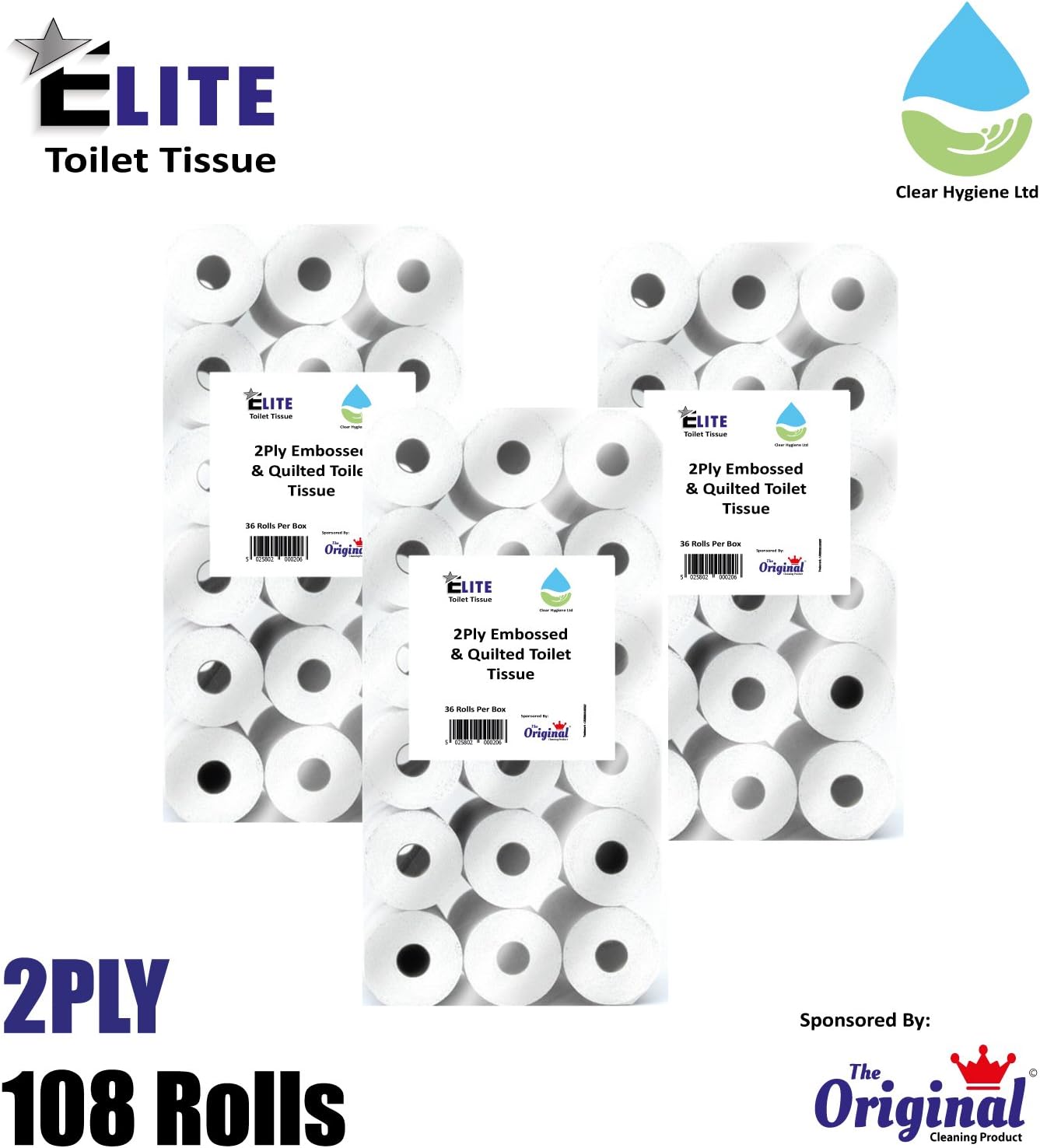 Clear Hygiene Ltd 108 Rolls 2Ply Quilted and Embossed Elite Toilet Tissue.