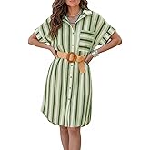 Wenrine Women's Striped Shirt Dress Casual Button Up Short Sleeve Belted Summer Midi Long Boho Dress with Pockets