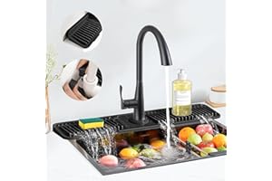 PoYang 24 inch Faucet Mat for Kitchen Sink Splash Guard, 7° Slope Silicone Sink Water Splash Guard for Kitchen Sink Area with Snap Button, Longer Sink Protectors for kitchen Sink Sponge Holder, Black
