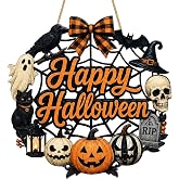 Halloween Door Sign Happy Halloween Wooden Wreath for Front Door Wall Decor | 12*12in, 3D Layered Design, Pumpkin Black Cat Halloween Wreath, Halloween Door Decor, for Farmhouse Wall Door Window Decor