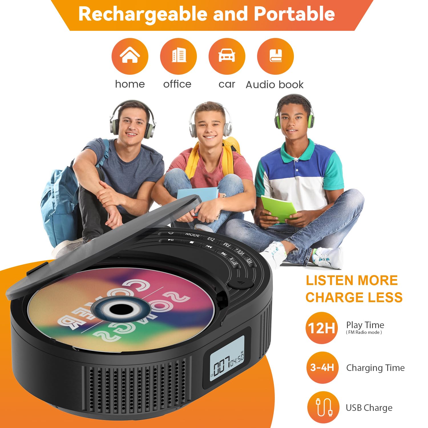 MONODEAL Portable CD Player Boombox with 2 * 3W Speakers, Bluetooth Transmitter & Speaker 2-in-1, FM Radio CD Player Combo for Car/Home, AUX/USB/MP3/WMA, Remote Control & Headphone Jack