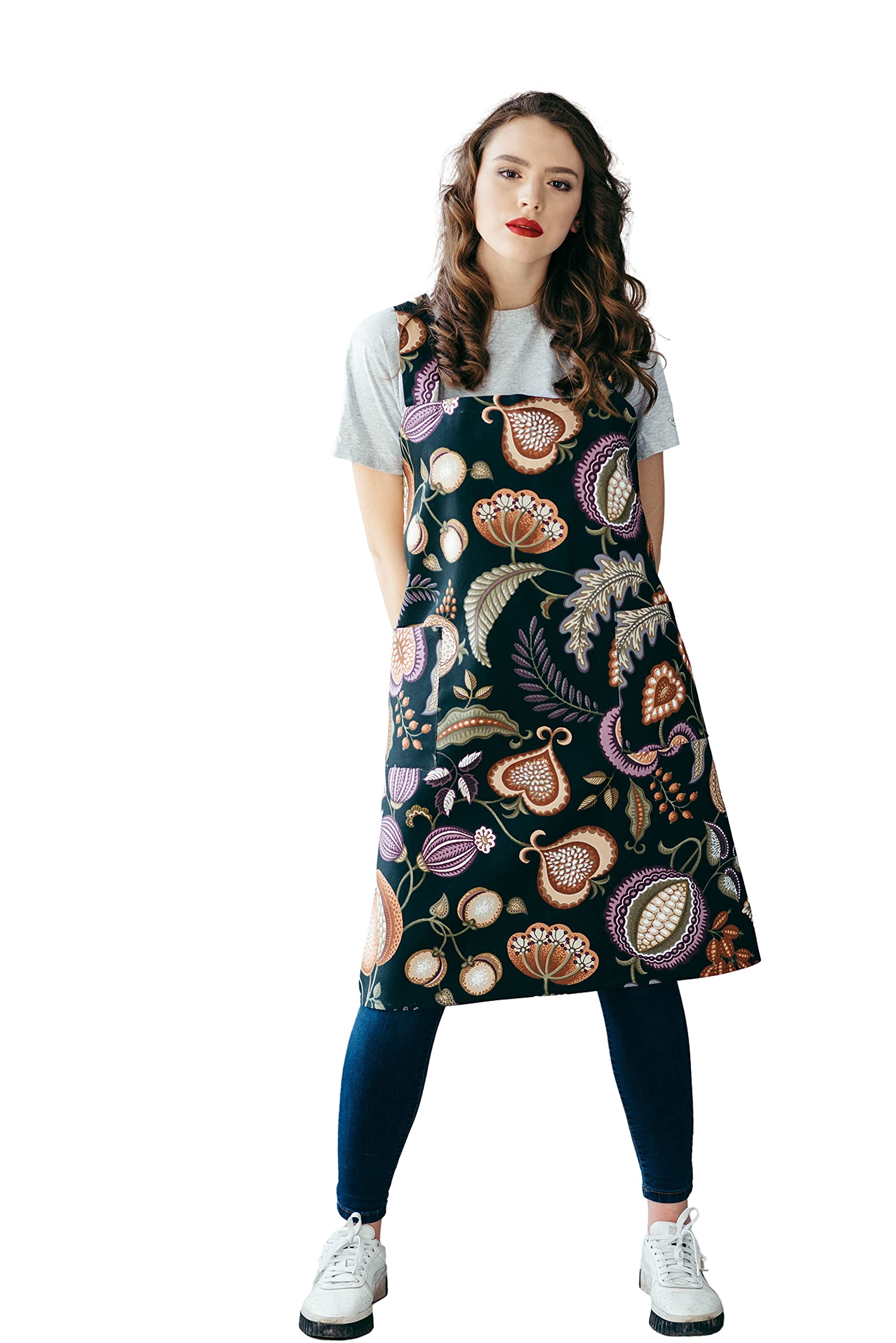 Bunny Street Cotton Pinafore Apron - Printed No Ties Japanese Apron for Women - Cross Back Apron with Pockets for Cooking, Gardening, Crafting (Black)