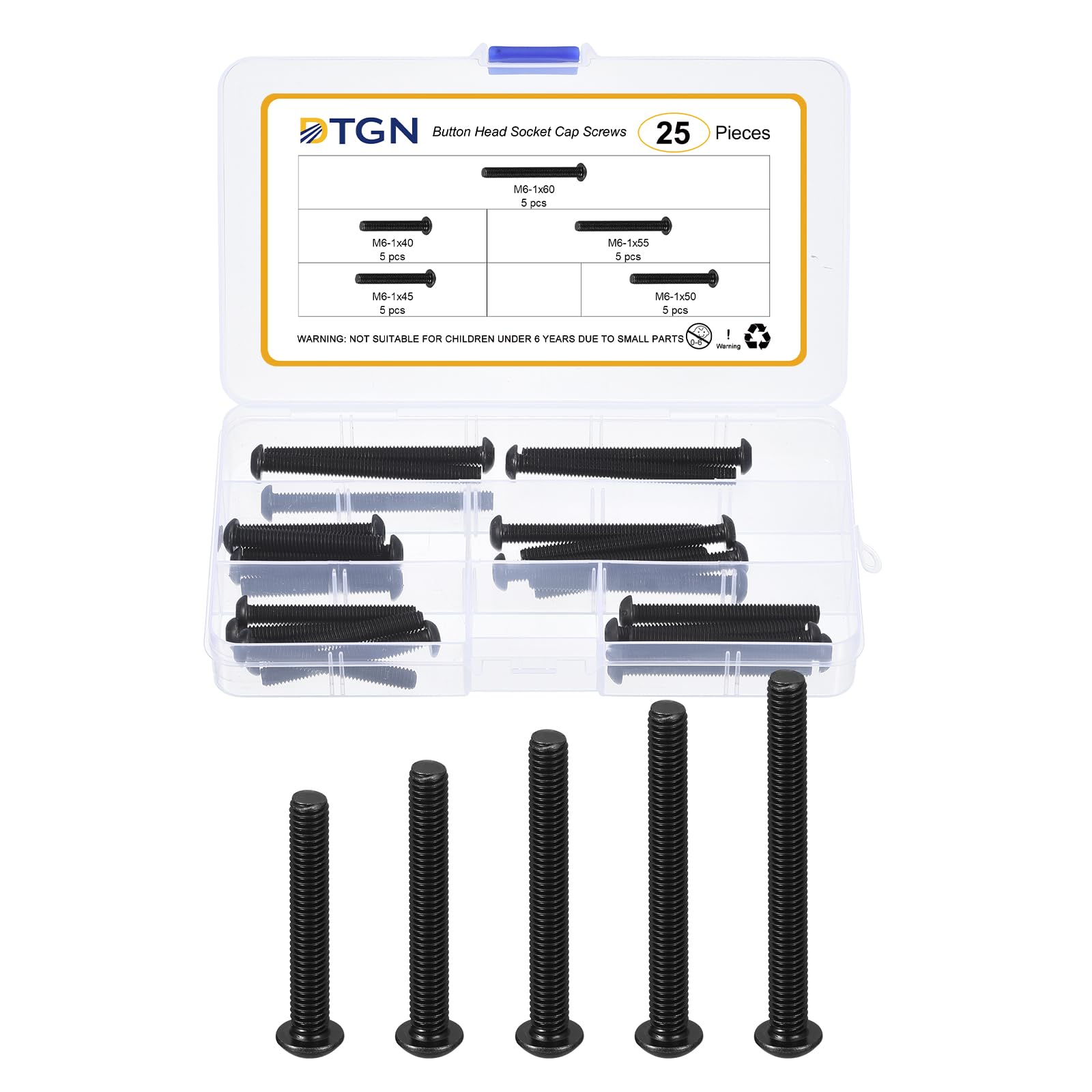 DTGN 25Pcs M6-1x40/45/50/55/60mm Button Head Socket Cap Screws - Carbon Steel Bolt Set Assortment Kit - Good for Road Bicycle, Mountain Bike, Auto