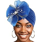 Bohend Big Flower Knotted Headwrap Cap Pearl Beads Pre Tied Turbans Beanie Bow Knot Bonnet Ruffle Stretch Headscarf Hat Women