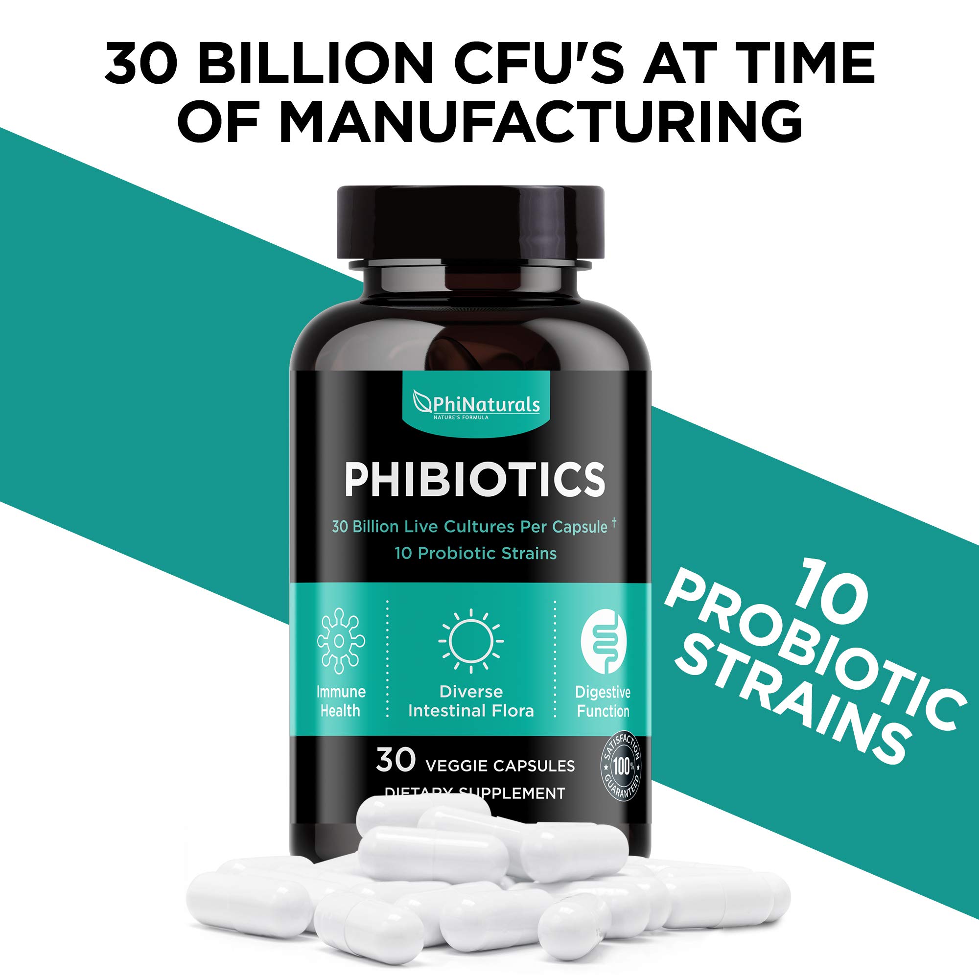 Phi Naturals Probiotics Supplement with 30 Billion CFUs with 10 Strains