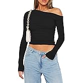 Mokoru Womens Off The Shoulder Tops Sexy Going Out Y2K Crop Tops Long Sleeve Tight T Shirts