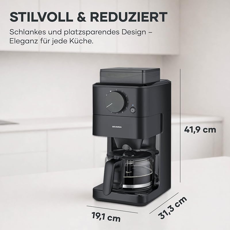 Filter-Kaffeemaschine mit Glaskanne, individueller Mahlgrad, 10 Tassen, 1,25L, Tropfstopp, inkl. Löffel, Permanentfilter, Reinigungsbürste, automatische Abschaltung, 1000W, schwarz, KA 9215