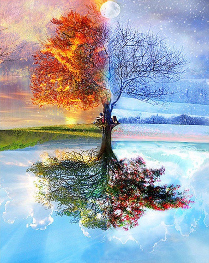 ABEUTY DIY Paint by Numbers for Adults Beginner - Four Seasons Tree Sky Moon 16x20 inches Number Painting Anti Stress Toys (Wooden Framed)