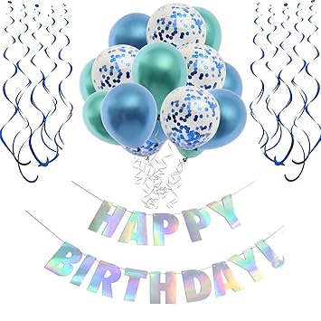 O CAT Geburtstagsdeko Junge und Mädchen Laser Happy Birthday Girlande Luftballon Blau Spiralen Geburtstag deko Set