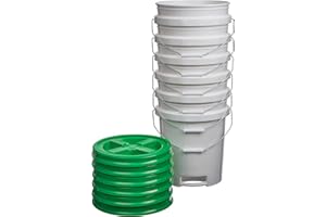 Consolidated Plastics 5 Gallon White Food Grade Buckets with Bottom Grip Handle & Gamma Seal Lids, BPA Free Container Storage, Durable HDPE Pails, Made in USA (6 Pack, Green Lids)