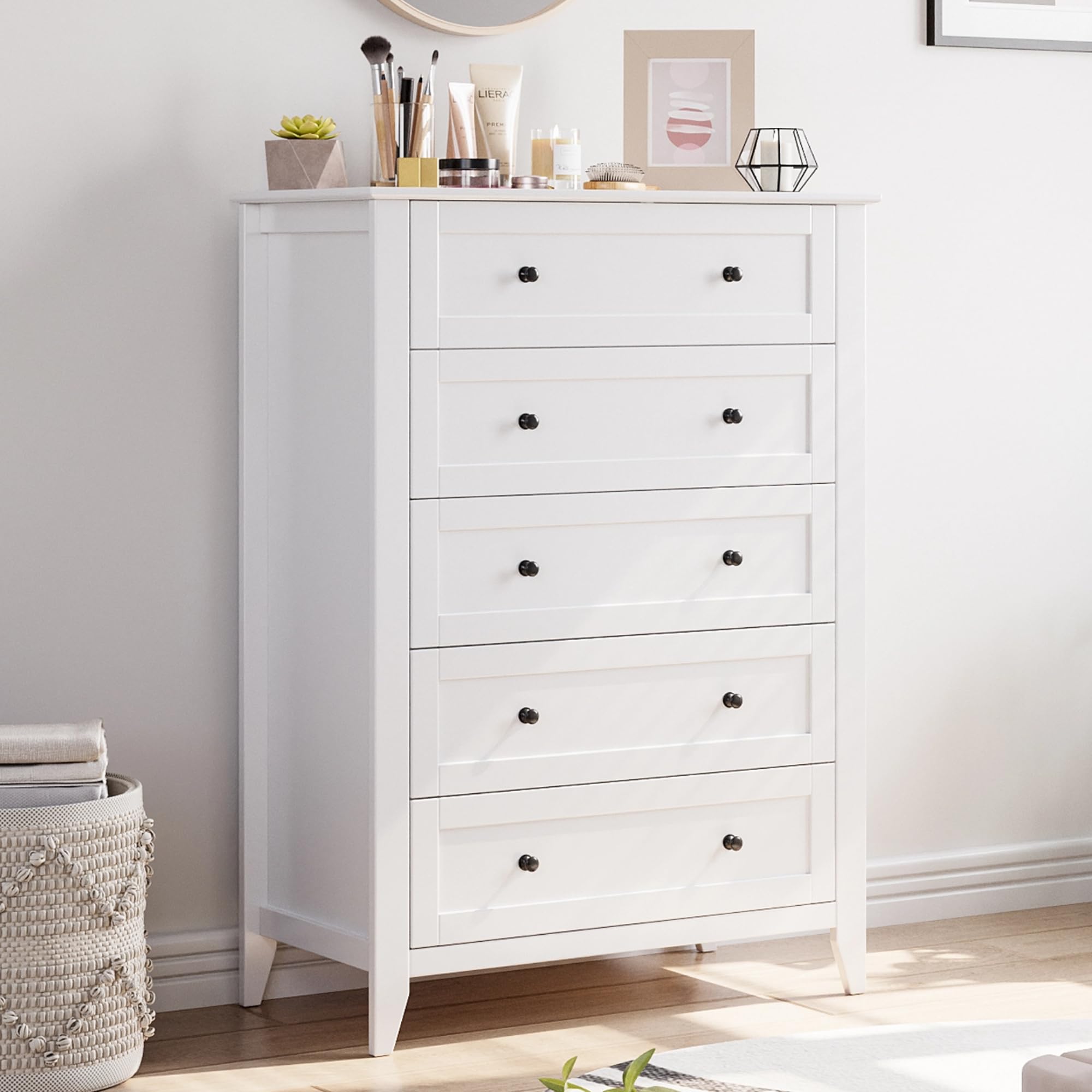 Photo 1 of *Little chip marks* IDEALHOUSE 5 Chest of Drawer Dresser, Modern White Storage Organizer with Drawers for Bedroom, Living Room, Entryway, 42.5'' Tall