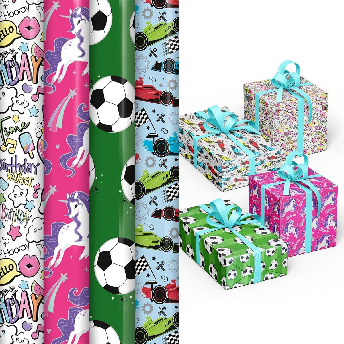 Pack of 4 x 3M kids Cute Character Happy Birthday Wrapping Paper roll -Perfect for Festival, Party, Birthday and Festive Decoration -Ideal for Any Special Occasion