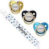 Personalized Pacifier Set with Name, BPA Free, Bling Gold Silver Pink Rose Gold Luxurious Ideal Gift for Newborns (Blue)
