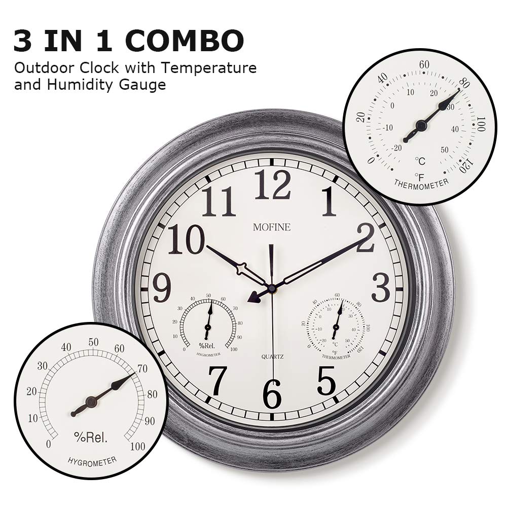 Mofine Waterproof Outdoor Clock 18 Inch Outside Clock With Temperature Humidity Gauge Silent Battery Operated Metal Decorative Clock For Living Room Bathroom Garden Patio Pool Brush Silver