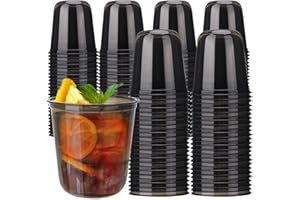 Xuelimei 100pcs 12oz Disposable Stemless Glasses,PET Disposable Drinking Cups,Cold Party Clear Plastic Wine Glasses for Parties Birthday,Wedding,Meeting,Christmas Party Supplies. (Black)