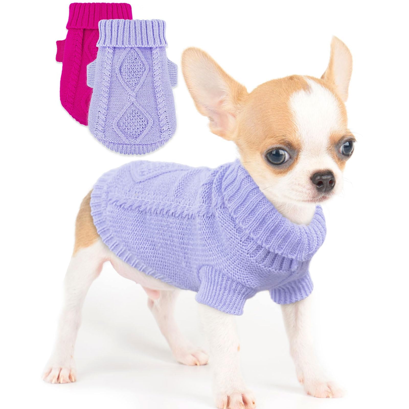Photo 1 of 2 Pieces Dog Sweater for Small Dogs Winter Warm Dog Knitted Sweaters Cute Puppy Clothes for Chihuahua Teacup Yorkie Spring Pet Cat Knitwear Turtleneck Thick Clothes M