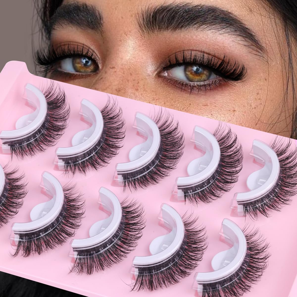 Photo 1 of Self Adhesive Eyelashes False Eyelashes Natural Look Short Faux Mink Lashes Wispy Press on Lashes 5 Pairs Lashes Strips Pre-Glued Eyelashes Pack