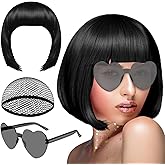 PLULON Black Short Bob Wig and Sunglass Set, Neon Short Bob Wig Sunglass Pack Costume Colorful Cosplay Wig Hairpieces for Bachelorette Neon Party Favors, Halloween Decorations