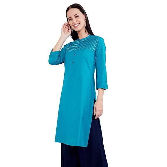 Women's Cotton straight Kurta (SUFKPA19AS_ Aqua_ Small)