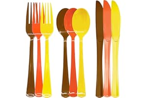 JOY AKKESS 153 Pcs Thanksgiving Plastic Silverware Heavy Duty Disposable Cutlery Sets Includes Plastic Spoons Forks Knives for Thanksgiving Party Supplies (Yellow Orange Brown)