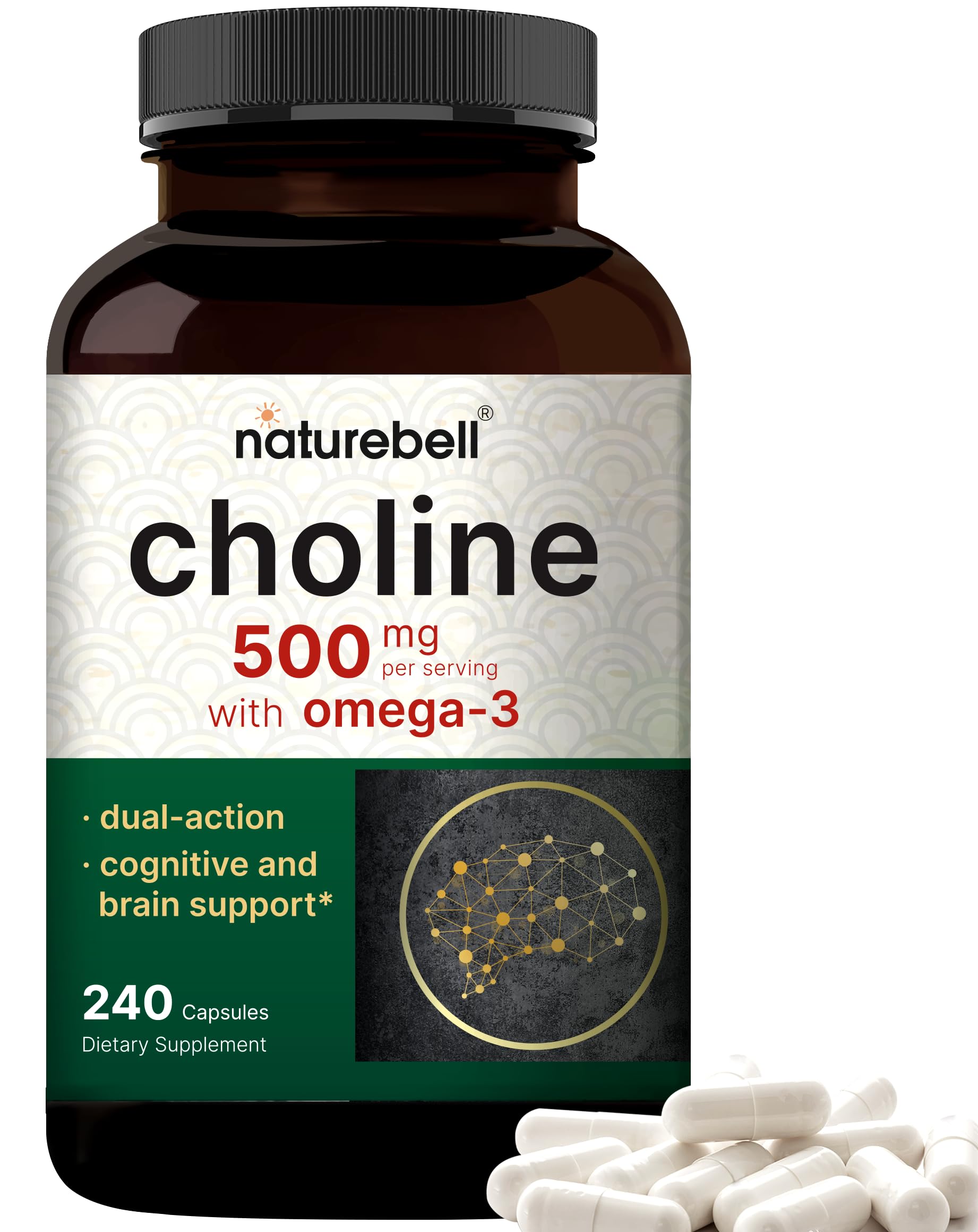 Choline Supplements 500mg with Omega-3 Fatty Acids, 240 Capsules | High Potency Choline Bitartrate – Prenatal Support During Pregnancy – Promotes Energy, Liver, Brain, & Cognitive Health