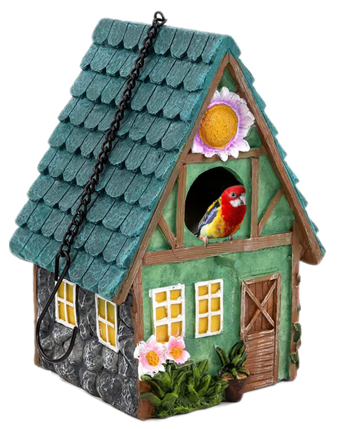 JCOLUSHI Bird House Indoor Outdoor, Small Bird Houses Gifts, Hanging Bird House for Hummingbird, Bluebird, Swallow, Wren, Robin, Finch, Resin, Blue