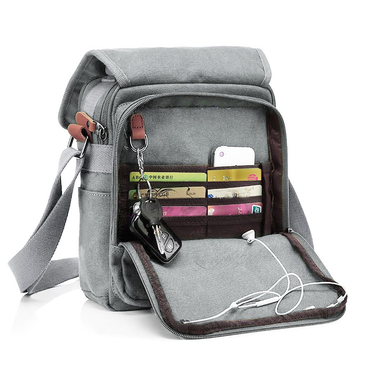 CHEREEKI Canvas Bag, Shoulder Bag Messenger Bag with Multiple Pockets (Hold 10 inch Tablet, Kindle) (Grey) — image 1
