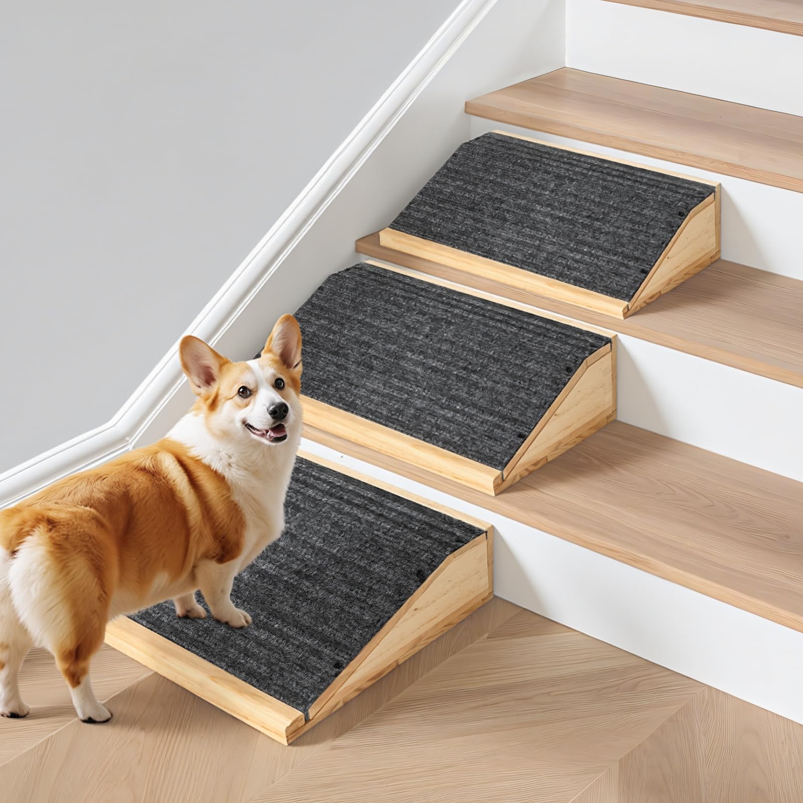 Photo 1 of 3-Pack Wooden Dog Ramp for Stairs, Anti-Slip Pet Steps for Small Dogs with Carpet Surface, Low-Angled Pet Ramps for Staircase, Steps and Stairs Assist for Injured & Aged Pets, Stairs Ramp for Dogs
