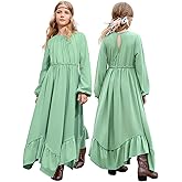 Jxstar Girls Boho Dress Casual Long Sleeve Maxi Dresses Crew Neck Ruffle Flowy Swing Long Dress with Pockets
