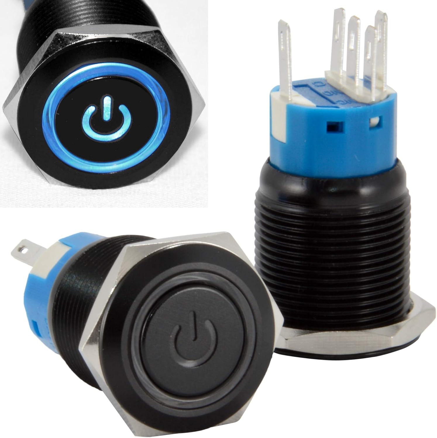 JacobsParts Latching Maintained Pushbutton ON/OFF Switch Black Metal with Blue Power Symbol LED Suitable for 3/4" (19mm) Diameter Panel Cutout Hole