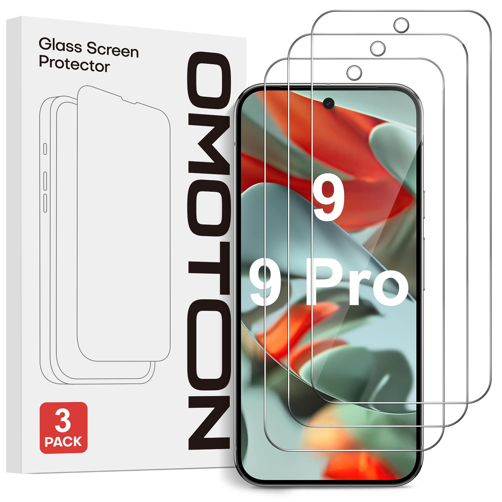OMOTON Screen Protector for Google Pixel 9 / Pixel 9 Pro, Tempered Glass for Google Pixel 9/9 Pro Screen Protector, Support Fingerprint Unlock, Anti-Scratch, 3 Pack