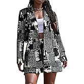 WDIRARA Women's Newspaper Print Single Button Blazer Lapel Collar Long Sleeve Work Office Jacket