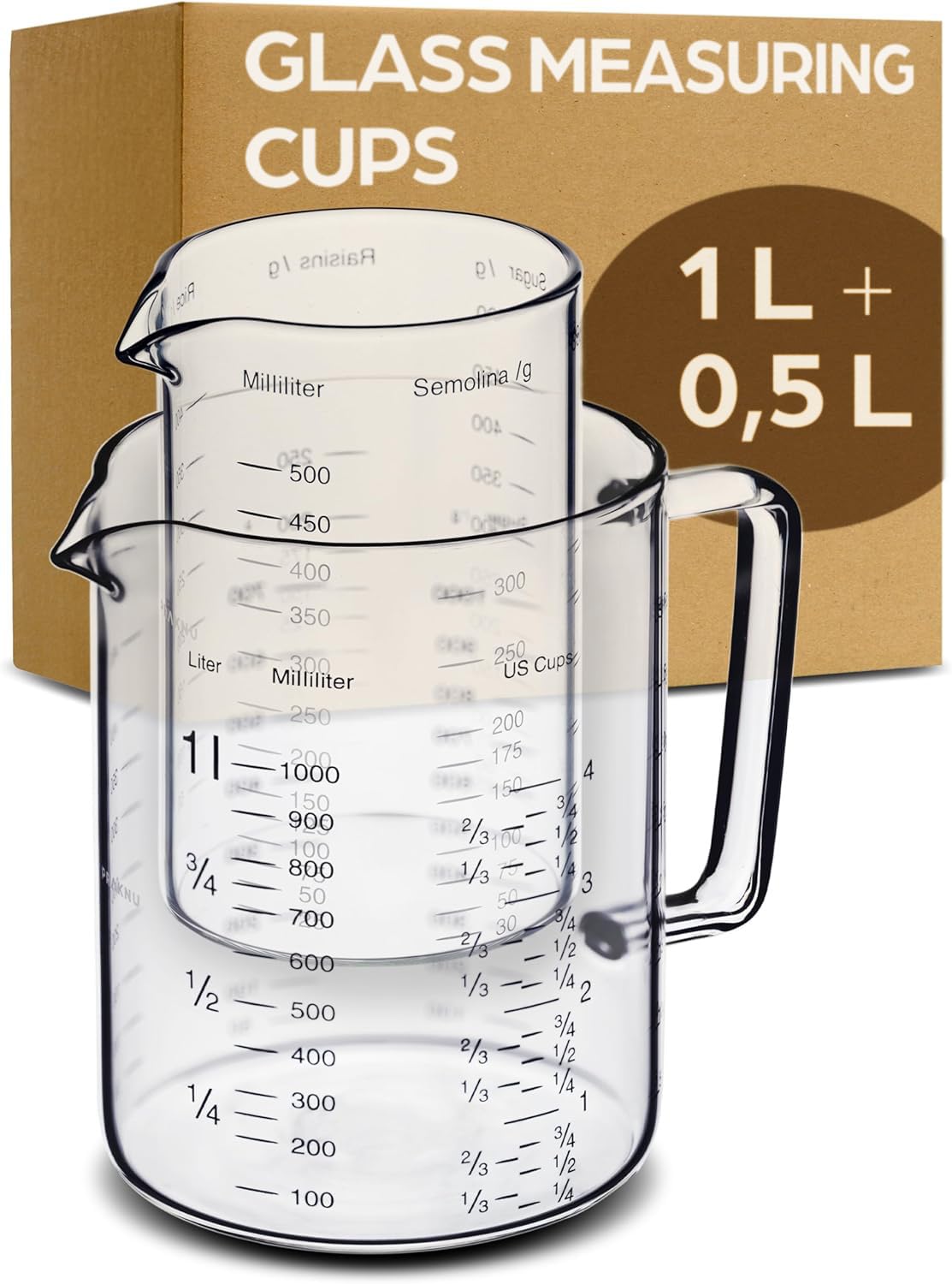Glass Measuring Jug - 1L & 500ml - Heat and Microwave Resistant - Precise Scale - Ideal for Cooking, Cooking and Mixing